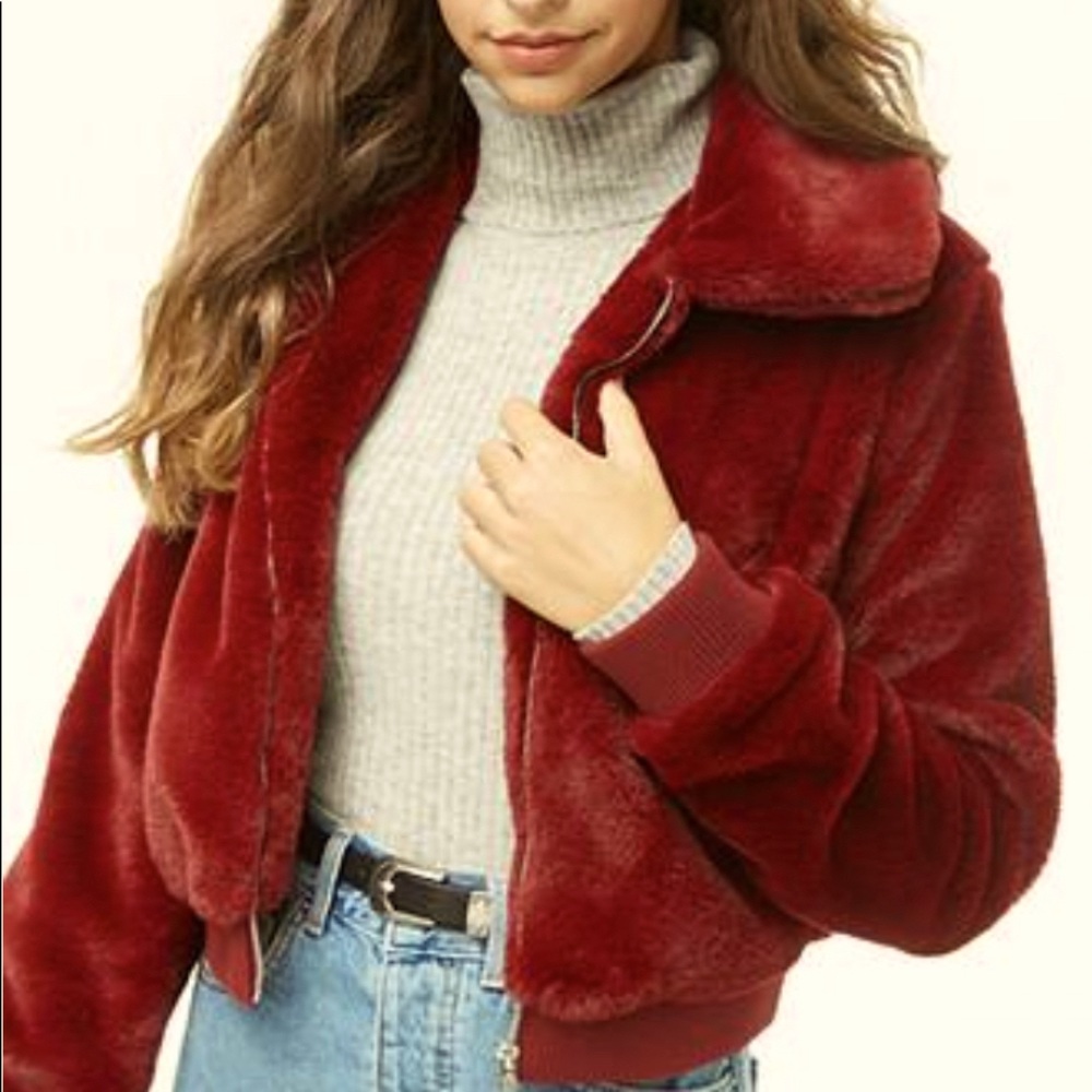Forever 21 Burgundy Faux Fur Cropped Jacket